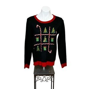 Karen Scott black candy cane tic tac toe ugly Christmas sweater size M